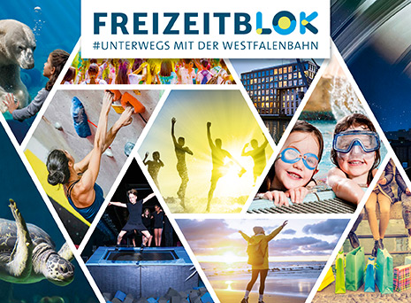 Eine Bildmontage verschiedener Bilder aus dem FreizeitbLOK, zum Beispiel Kinder im Schwimmbad oder eine Boulderin.
